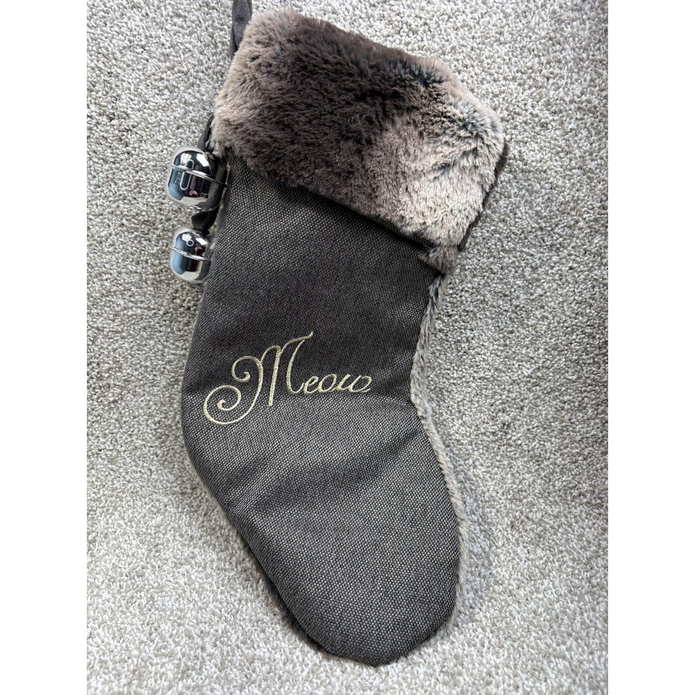 Cat Christmas Stocking‎ Faux Fur "Meow" Embroidered Bells Holiday Decor - Picture 2 of 4